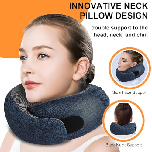 Travel Pillow - Hooded Neck Pillow Airplane Memory Foam Filling for Plane, Office, Cars Sleeping, Road Trip, Long Flights, Airplane Travel Essentials, Includes Eye Mask & Earplugs (Full Blue) - color: Full Blue