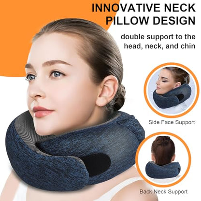 Travel Pillow - Hooded Neck Pillow Airplane Memory Foam Filling for Plane, Office, Cars Sleeping, Road Trip, Long Flights, Airplane Travel Essentials, Includes Eye Mask & Earplugs (Full Blue) - color: Full Blue