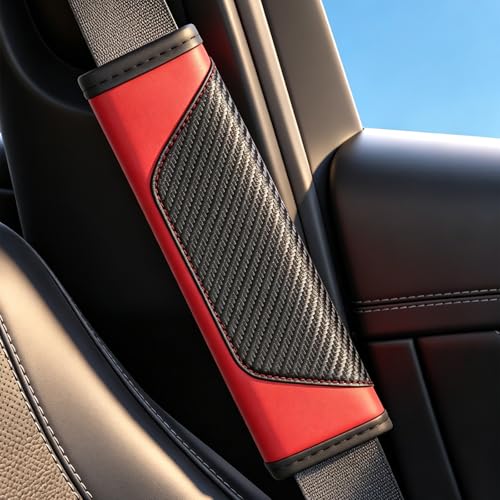 Carbon Fiber PU Leather Seat Belt Covers - 2Pcs, Black and Red Sporty Seat Belt Pads, Universal Fit for Car Truck SUV - color: yd-red