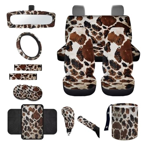 Wanyint Brown Black Cow Print 14 Pack Car Accessories Set, Universal Auto Seat & Steering Wheel Cover, Seatbelt Pad, Trash Can, Armrest & Cup Holders Rearview Mirror & Handbrake Cover Set - color: Brown Black Cow Print