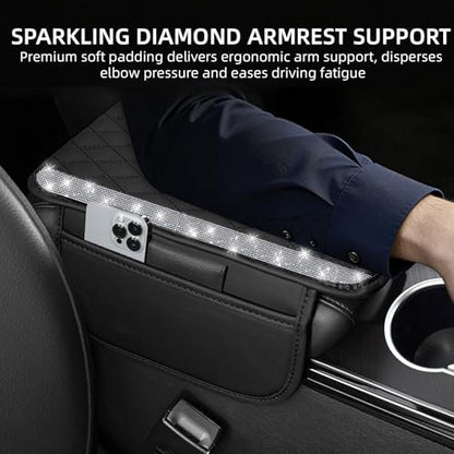 NBTEPEM Bling Car Center Console Cover, Leather Car Arm Rest Cover Cushion with 2 Storage Bags, Universal Auto Armrest Protector Storage Box, Bling Accessories Interior for Most Vehicles (Silver)
