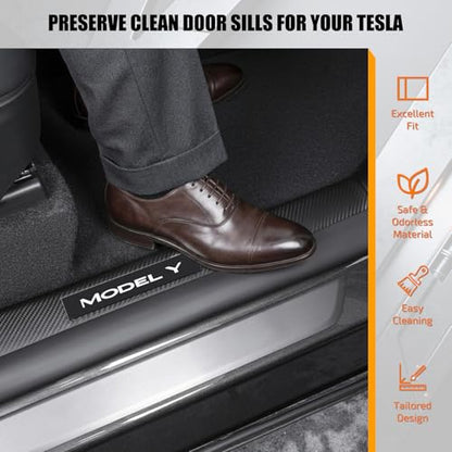 8PCS Door Sill Protector for Tesla Model Y Juniper 2025–26, Door Entry Guard Set for Front & Rear Door Thresholds, Anti-Kick Interior Door Entry Covers (Carbon Fiber (Not fit 2026 Model Y Standard))