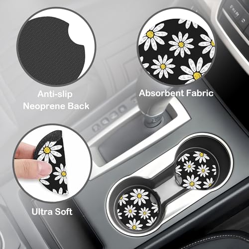 White Daisy Flowers Steering Wheel Cover with 2 Pcs Car Coasters Neoprene Steering Wheel Cover for Women Men Anti-Slip Breathable Car Accessories Universal 15 Inch Fit Auto Cars Trucks - color: White Daisy Flowers