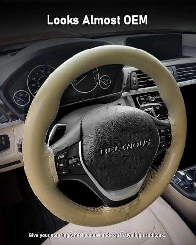 Belinous Leather Steering Wheel Cover Lace Up, Stitch on Steering Wheel Wrap, Universal Fit 13-20 Inch Car Truck Pickup Boat, A Whole Piece of Cowhide, DIY w/Needle Thread (Size L0, Beige) - color: Beige, size: L0