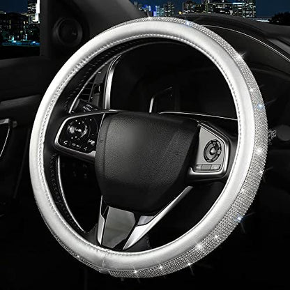 Bling Diamond Steering Wheel Cover, Leather Steering Wheel Covers for Women Girls with Crystal Rhinestones, Breathable, Anti-Slip Universal Fit 14.5-15 Inch Bling Car Accessories(Silver) - color: silver