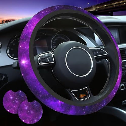 Purple Galaxy Steering Wheel Cover Purple Starry Sky Steering Wheel Cover Galaxys Breathable Universal for 15 Inch Anti-Slip Car with 2 Pieces Car Coasters Suitable for Men Women Galaxys - color: Purple Galaxy