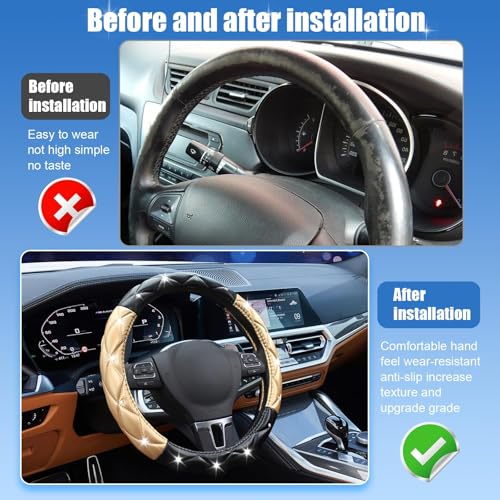 Black and Gold Steering Wheel Cover, Auto Cute Diamond Bling Soft Comfort Leather Car Interior Accessories Protector Sparkly Fit Most O-Shaped Steering Wheels