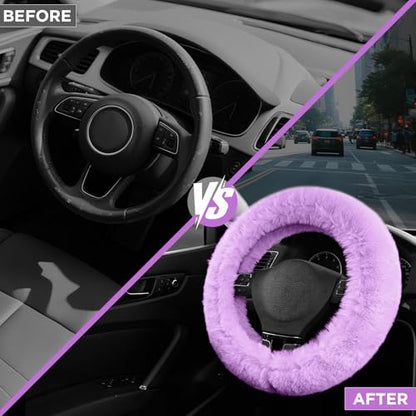 Road Comforts Steering Wheel Cover, Fluffy Car Wheel Covers for Women/Girls/Ladies，Soft Wool Fur Steering Wheel Protector, Universal 14 1/2 inches to 15 inches - Purple - color: Purple