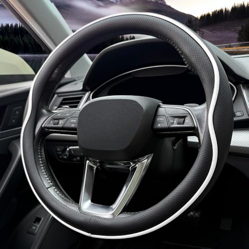 HAOTULE Leather Steering Wheel Cover， with Anti-Slip Stripe Design - Enhanced Grip, Fashion Style, Safe, Non-Slip, Breathable. Upgrade car Interior，Black White - color: Black White