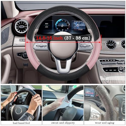 Black & Pink Car Steering Wheel Cover, Microfiber, Leather Patchwork, Universal 14.5-15 Inch Leather Anti-Slip Breathable Auto Steering Wheel Covers for Men Women - color: Black & Pink