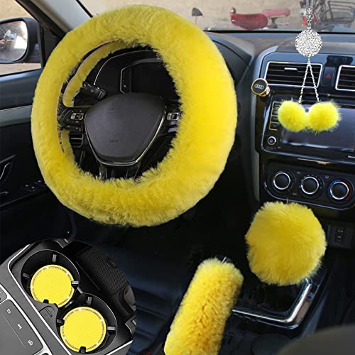 Fluffy Car Accessories Set, Fur Cute Fluffy Steering Wheel Cover Set for Women & Furry Handbrake & Gear Shift Covers & Car Rearview Mirror Pendant & 2 Pieces Bling Coasters (Yellow) - color: yellow