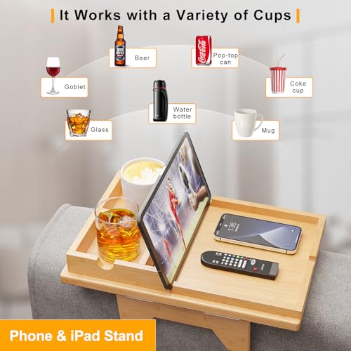Bamboo Couch Cup Holder Tray - 2 in 1 Couch Armrest Table with Be Slide-Away Detachable Double Holder - Sofa Armchair Caddy for Drinking Snacks iPad TV Remote - color: Bamboo, size: 13.8" x 9.5" x 2.4"