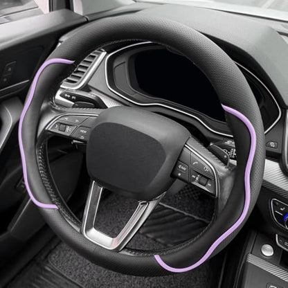 Nappa Leather Steering Wheel Cover. Stylish Striped Design, Universal fit for 14.5–15-inch Steering Wheels, Slip-Resistant and Breathable, Protects the Steering Wheel. Black and Purple - color: Black and Purple