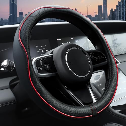 Ouzorp Car Steering Wheel Cover, Microfiber Leather Steering Wheel Covers with Anti-Slip Lining, Universal 14.5-15 inchs Black with Red line - color: Black with Red line，size[14.5"-15"]
