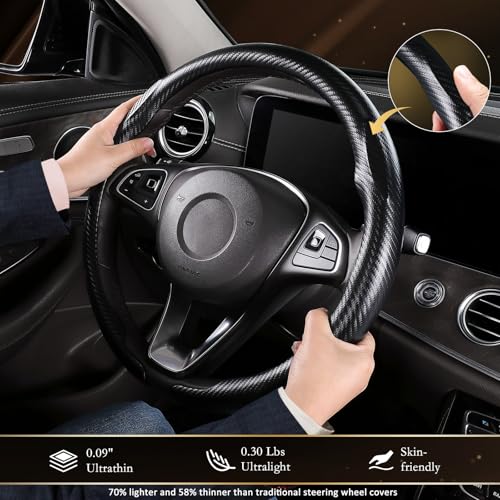 Aimato Car Steering Wheel Cover Carbon Fiber, Ultra-Thin Car Steering Wheel Cover,Comfortable & Breathable Microfiber,Universal Fit for Most Cars - color: Matte black
