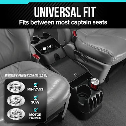 Center Console for Minivans, SUVs, Middle Van Console, Extra Cup Holders, Large Storage, 27"L x 11.5"W x 8.5"H,Made in USA (Black)
