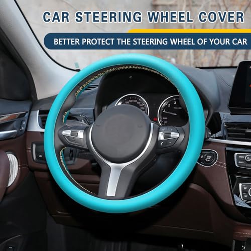 Car Steering Wheel Cover, 13 to 14.17 inches Non-Slip Silicone Steering Wheel Protector, Car Accessories Thin Soft Leather Texture Steering Wheel Protective Cover for Most Cars (Sky Blue) - color: Sky Blue