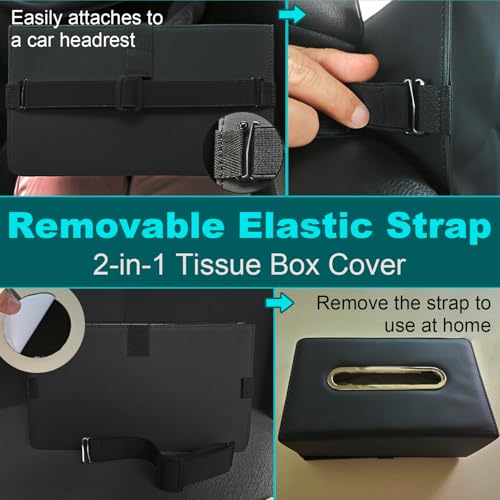 PU Leather Rectangle Tissue Box Cover for Car & Home Use,Car Tissue Box Holder for 110-144T Medium Size Tissues Fits for Kleenex for Headrest in Car Auto-Detachable Elastic Band - Black