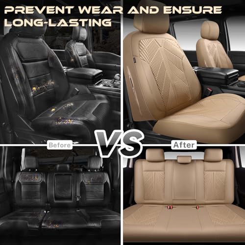 CAR PASS Waterproof Car seat Covers Full Sets Neoprene Wetsuit, All-Weather Non-Slip Durable, Universal Fit for SUV Sedans Trucks Vans Automotive, Armrest Airbag Compatible, 3D Emboss All Beige - color: ALL Beige, size: Full Set