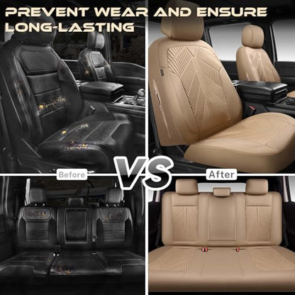 CAR PASS Waterproof Car seat Covers Full Sets Neoprene Wetsuit, All-Weather Non-Slip Durable, Universal Fit for SUV Sedans Trucks Vans Automotive, Armrest Airbag Compatible, 3D Emboss All Beige - color: ALL Beige, size: Full Set