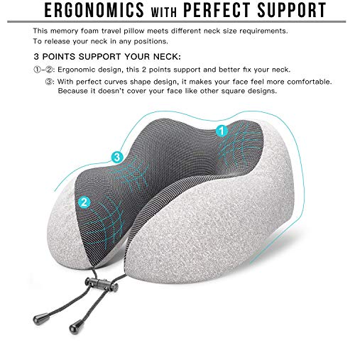 MLVOC Neck Pillow for Traveling, Upgraded 100% Pure Memory Foam Travel Neck Pillow for Airplane Flight Sleep, Breathable & Machine Washable Cover, Travel Kit with 3D Eye Mask, Earplugs & Bag, Grey - color: Grey