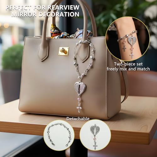 Steering Wheel Cross - Car Rosary Charm with Crystal Beads | Christian Gift for Car & Rearview Mirror | Protective Blessing Ornament | 2 Pack