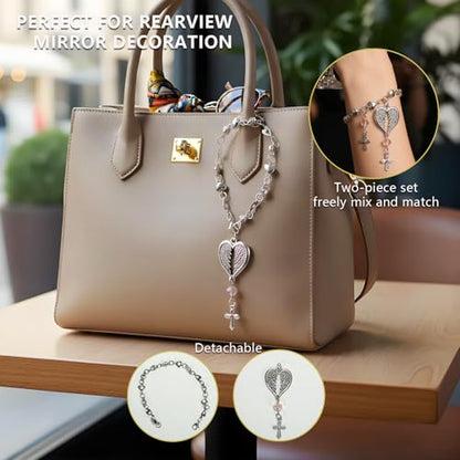Steering Wheel Cross - Car Rosary Charm with Crystal Beads | Christian Gift for Car & Rearview Mirror | Protective Blessing Ornament | 2 Pack