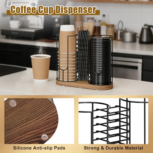 Coffee Cup Dispenser Rack with Wood Base, 18oz Cup Holder Organizer for Storing Paper Cups, Straws, Lids and Disposable Tableware(3-compartment) - color: Black 3-Compartment