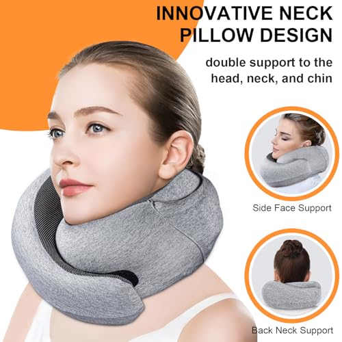 Travel Pillow - Hooded Neck Pillow Airplane Memory Foam Filling for Plane, Cars Sleeping, Road Trip, Long Flights, Airplane Travel Essentials, Includes Eye Mask & Earplugs (Light Gray) - color: Light Gray