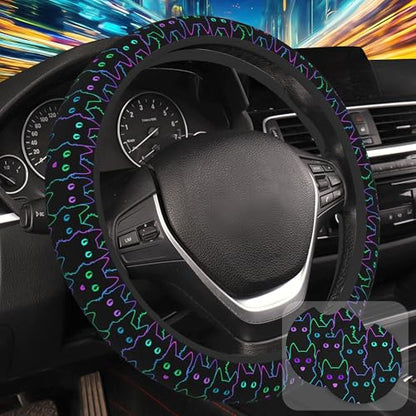Neon Light Cat Steering Wheel Cover with 2 Pcs Car Coasters Neoprene Steering Wheel Cover for Women Men Anti-Slip Breathable Car Accessories Universal 15 Inch Fit Auto Cars Trucks - color: Neon Light Cat