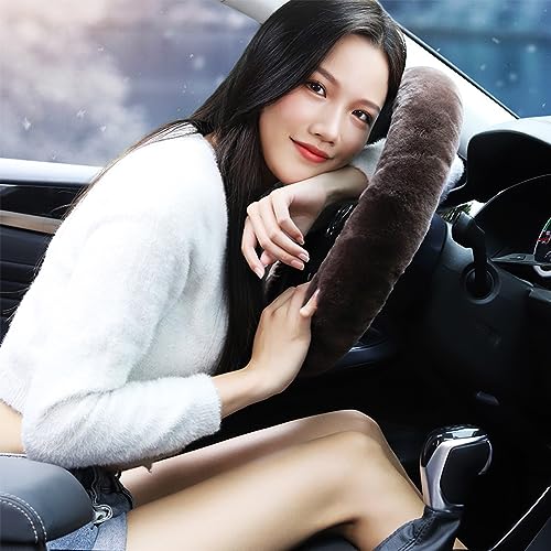 Soft Fluffy Sheepskin Car Steering Wheel Cover for Universal Auto Vehicle Women Man 14 1/2 inch-15 1/2inch Fuzzy Accessories (Teak) - color: Teak