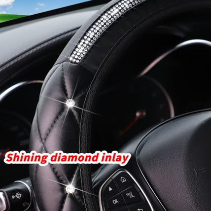 BESULEN Bling Leather Car Steering Wheel Cover, Diamond Crystal Rhinestone Vehicle Steer Wheel Protector, Sparkling Auto Interior Accessories, Universal 14.5-15Inch for SUV, Truck, RV
