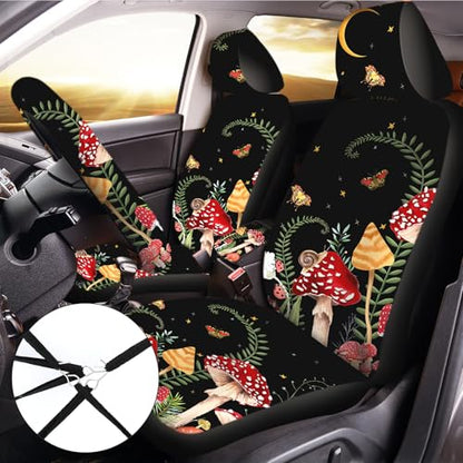 Fabbay 26 Pcs Mushroom Car Seat Covers Set with Protectors Steering Wheel Seat Belt Cover Floor Mat Armrest Cushion Key Chains Auto Interior Accessories for Women(Dark) - style: Dark