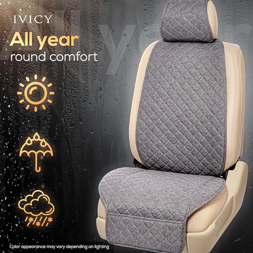IVICY Faux Linen Front Car Seat Cover – Non-Slip Bucket Seat Protector for Most Cars, SUVs, Vans & Trucks – 1 Seat Cover, Machine Washable, Side-Airbag Friendly, Cool Gray - color: GRAY HYB LN
