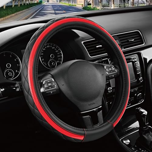 Road Comforts Leather Steering Wheel Cover – Black & Red Universal Fit 14.5-15 Inch, Microfiber Leather, Anti-Slip & Breathable Design for Men and Women - color: Red