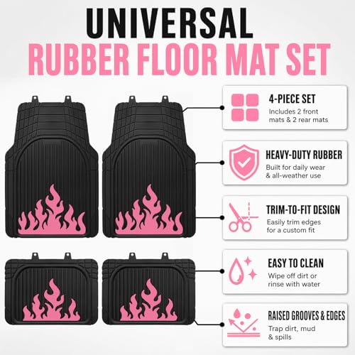Heavy Duty Rubber Car Mats Flame Design (Rose Pink), 4-Piece Deep Waterproof Floor Mats Set (Front & Rear Full Set), All Weather Universal Trim to Fit Automotive SUV Sedan Truck - color: Rose Pink, size: Flame