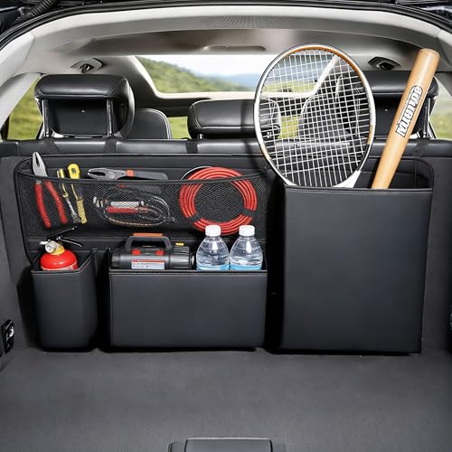 PU Leather Hanging Trunk Organizer - Sturdy Non-Sagging Car Trunk Organizer for SUV Sedan Truck - Waterproof Easy Clean Backseat Organizers Hanging Storage - color: Matte Black