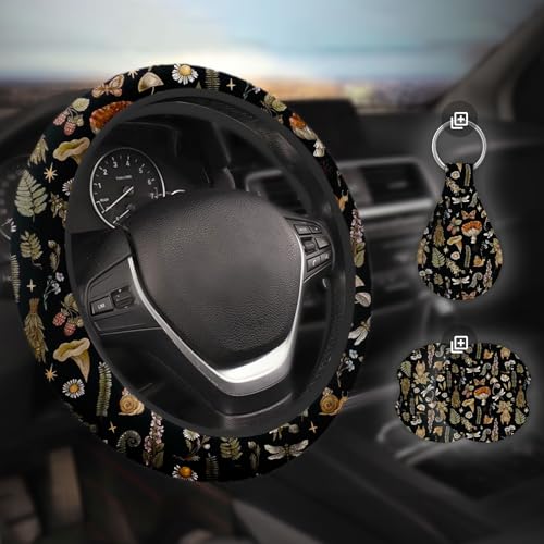 Woodland Fern Moth Dragonfly Mushroom Amanita Steering Wheel Cover, Car Cup Coasters & Quarter Keyring, Car Accessories Universal Fit 14.5-15 inch Wheel Auto SUV Sedan Vans Trucks - color: Dragonfly Mushroom