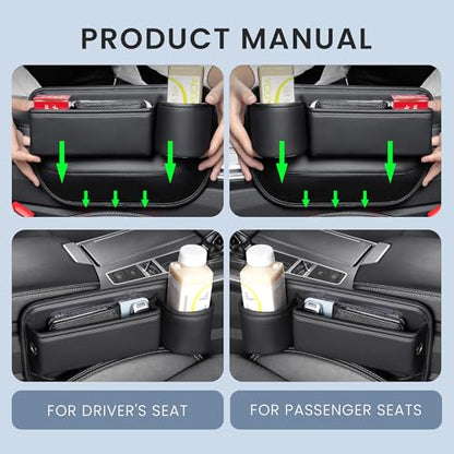 2 Packs Universal Fit Car Seat Gap Filler Organizer, Premium Leather Anti-Drop Car Side Gap Storage with Cup Holder for Phone, Keys, Sunglasses & Drinks (Black) - color: Black
