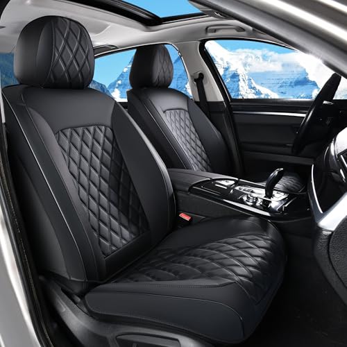 Huidasource Front Seat Covers, Car Seat Covers Front Seats Nappa Leather, Side Elastic Fabric, Compatible with Airbags, Seat Belts, Universal Fit for Most Cars, Vans, Trucks, SUV (Front Pair/Black)