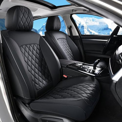 Huidasource Front Seat Covers, Car Seat Covers Front Seats Nappa Leather, Side Elastic Fabric, Compatible with Airbags, Seat Belts, Universal Fit for Most Cars, Vans, Trucks, SUV (Front Pair/Black)