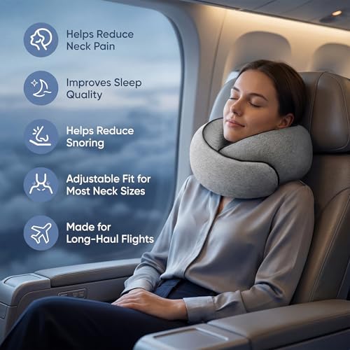 Memory Foam Neck Travel Pillow – 360° Adjustable Support, Breathable Washable Cover, Eye Mask & Earplugs, Carry Bag – Compact Airplane Pillow for Plane/Car/Train/Office (Grey) (Grey)