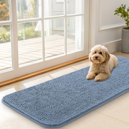 OLANLY Dog Door Mat for Muddy Paws 47x17, Absorbs Moisture and Dirt, Absorbent Non-Slip Washable Doormat, Quick Dry Chenille Mud Mat for Dogs, Entry Indoor Entryway Carpet for Inside Floor, Airy Blue - color: Airy Blue, size: 47" X 17"