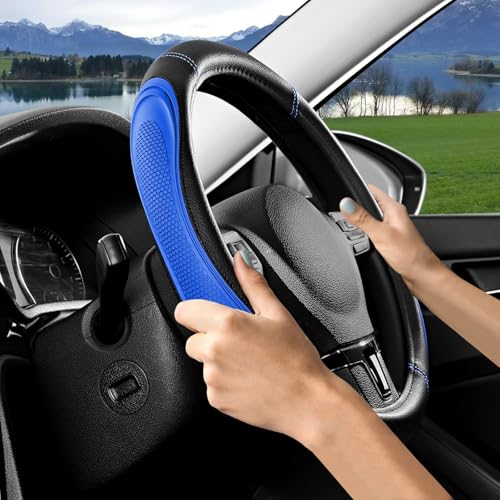 Blue Film Splicing Leather Steering Wheel Cover, Microfiber Leather, Anti-Slip, Breathable, Universal Fit for 14.5–15 in Steering Wheel Cover for Men Women - color: Film-Grained - Blue