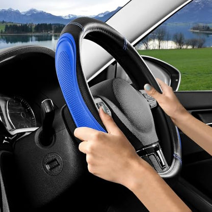 Blue Film Splicing Leather Steering Wheel Cover, Microfiber Leather, Anti-Slip, Breathable, Universal Fit for 14.5–15 in Steering Wheel Cover for Men Women - color: Film-Grained - Blue