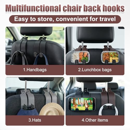 2Pcs Headrest Hooks for Car, Car Purse Hook, Double Leather Car Seat Back Storage Hook for Handbags Purses Bags (Brown)