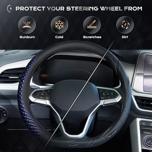 Coverado Car Steering Wheel Cover, Nappa Leather Black & Blueline Steering Wheel Covers, Universal 14-15 inch, Anti-Slip, Breathable Steering Wheel Protector for Women Men - color: C-Blue