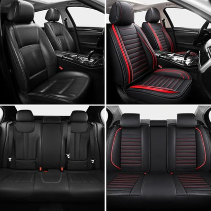 MINGBRON Leather Car Seat Covers Full Set, Universal Faux Leather Car Seat Covers 5 Seats, Automotive Seat Covers for Most Sedans SUVs Trucks, Front and Rear Seat Covers,Wine Red - color: RedA, size: 5 Seat Covers (Front & Rear)