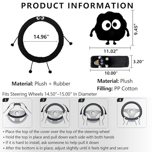 Car Headrest Pillow & Steering Wheel Cover Set with Cute Big-Eyed Furball Travel Neck Support Pillow Fur Car Interior Accessory (Black 5Pcs Set) - color: Black 5pcs Set