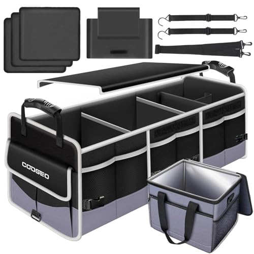 Car Trunk Organizer with Portable Leak Proof Cooler Bag, 3 Compartments Collapsible Car Organizers and Storage with Foldable Cover, Fathers Day Dad Gifts, Suitable for SUV, Auto, Truck, Minivan